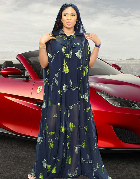 Muslim Sets Dress with Flower Pattern Printing in Dubai Abaya Style